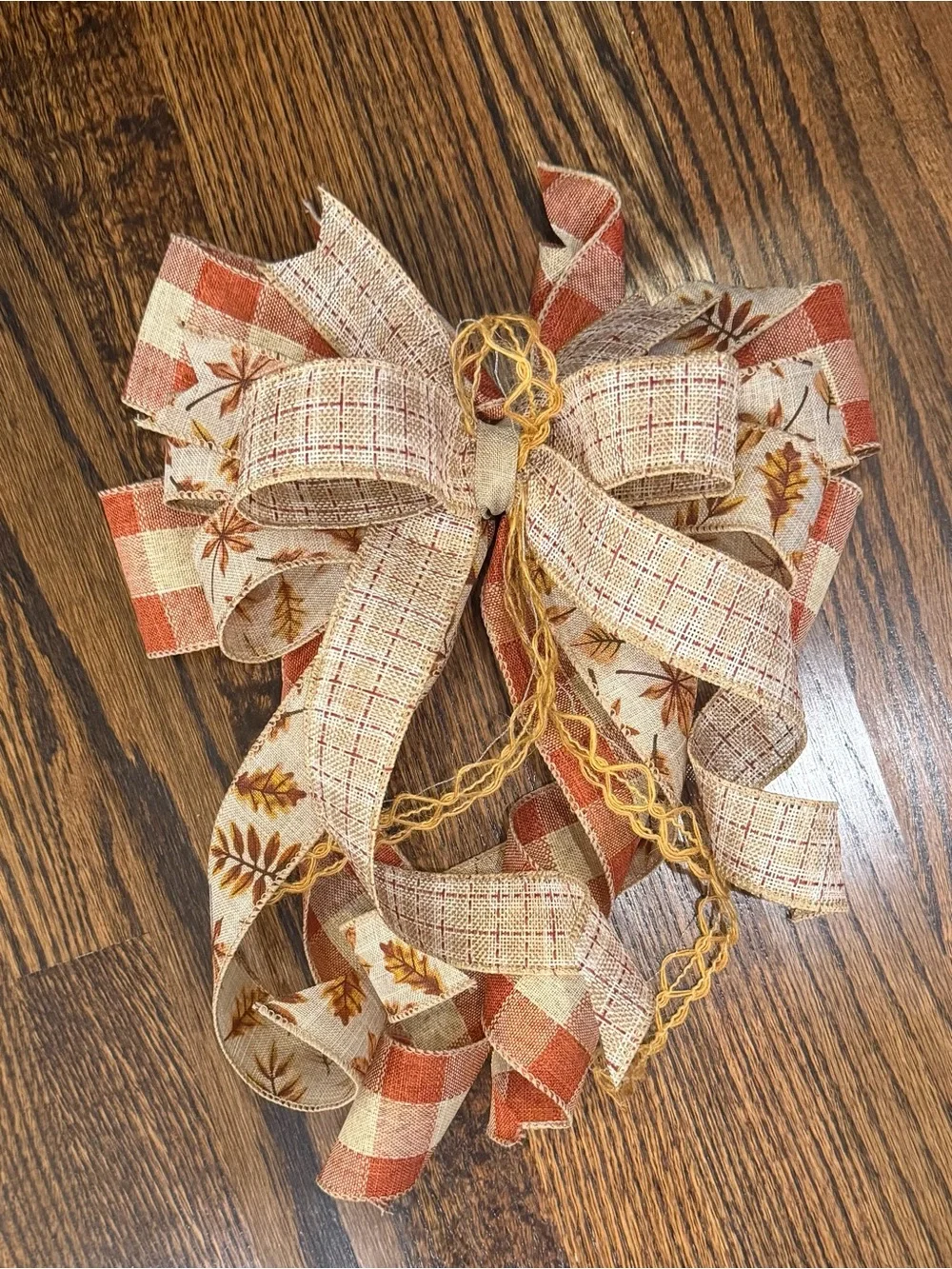 Fall Plaid & Leaf Ribbon Bow in Beige and Orange